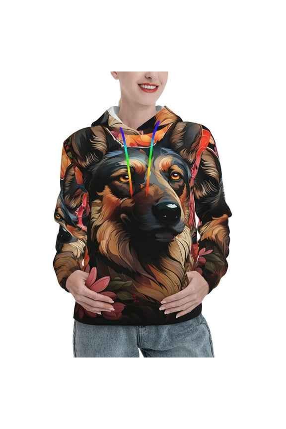 Colorful Flower German Shepherd Print Womens Oversized Hoodies Sweatshirts Hooded Pullover Tops Sweaters Casual-Medium