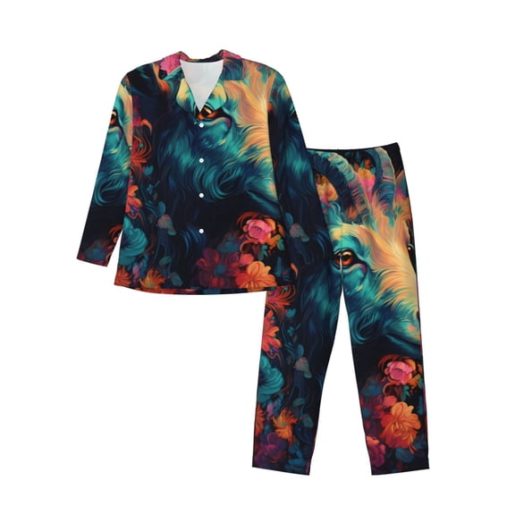 Kdxio Colorful Flower Goat Men’s Pajama Set Pajamas For Men 2 Piece PJ Set with Men Pajama Pants and Long Sleeve T-Shirt Lounge Set-Medium