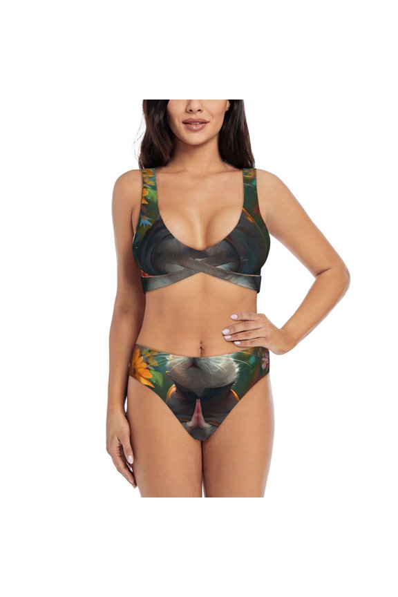 Colorful Flower Meditating Hamster Print Women's 2 Piece High Waisted Wrap Spaghetti Strap Summer Swimsuit Bikini Set-Medium