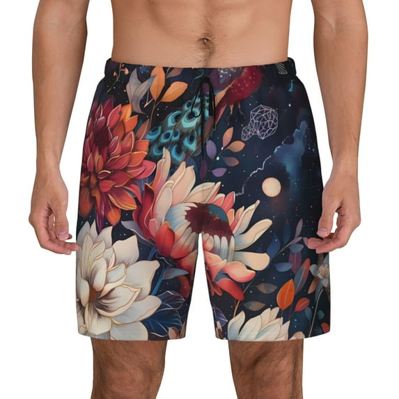 Kdxio Colorful Flower Peacock Print Men's Swim Trunks with Compression Liner 7 Inch Inseam Quick Dry Swim Shorts