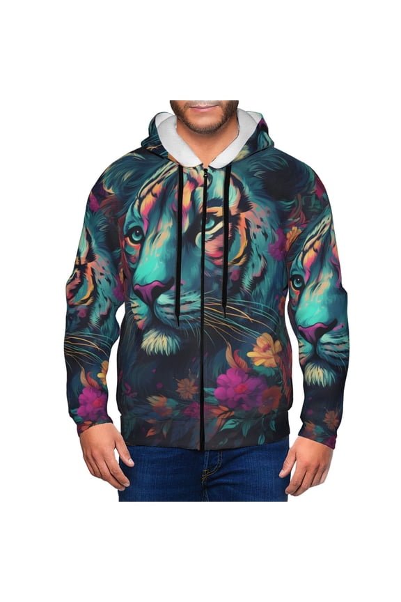 Colorful Flower Tiger Print Men Hoodies Casual Hoodies for Men with Zip Pockets Full Zip Long Sleeve Sweatshirt Sports Hooded Jacket-Large