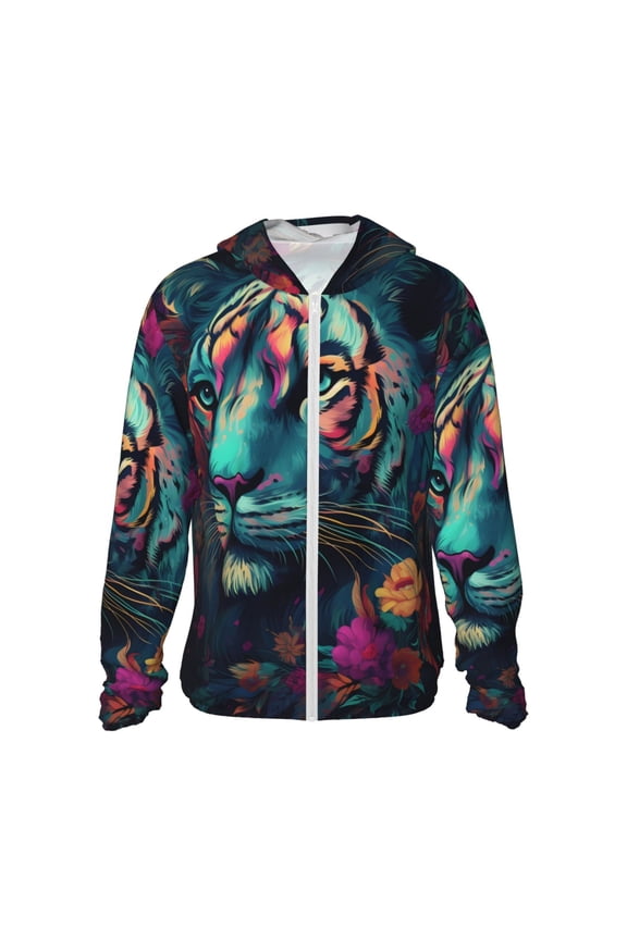 Colorful Flower Tiger Print Women Men Sun Protection UPF 50+ Jackets Zip Up Long Sleeve Hoodie Hiking Lightweight with Pockets