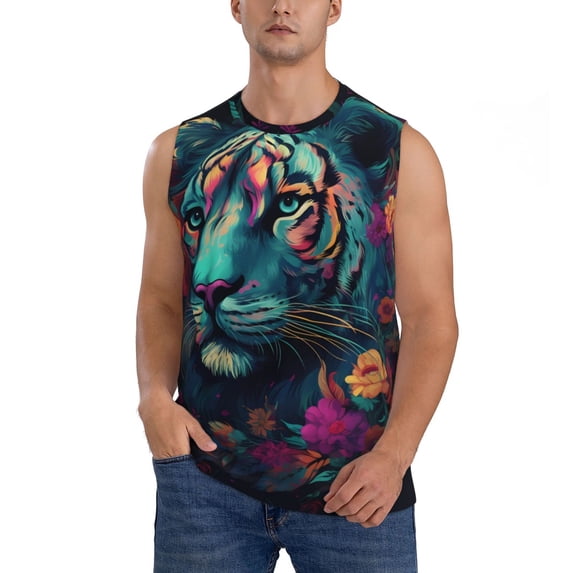 Kdxio Colorful Flower Tiger for Men's Muscle T-shirt,Sleeveless for Workout Running Athletic Gym Lounge Casual