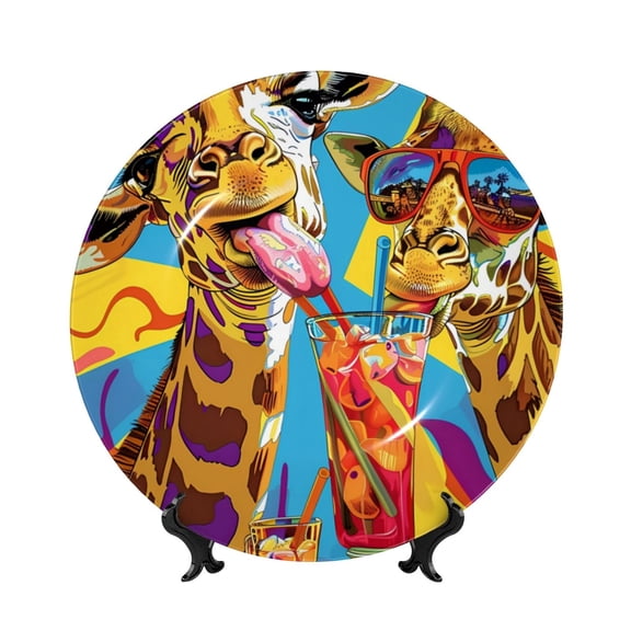 Kdxio Colorful Giraffes with Drinks Bone China Decorative Plate Ceramic Decorative Plate for Home Office Wall Stand Decorative Plates for Home Bedroom-10in