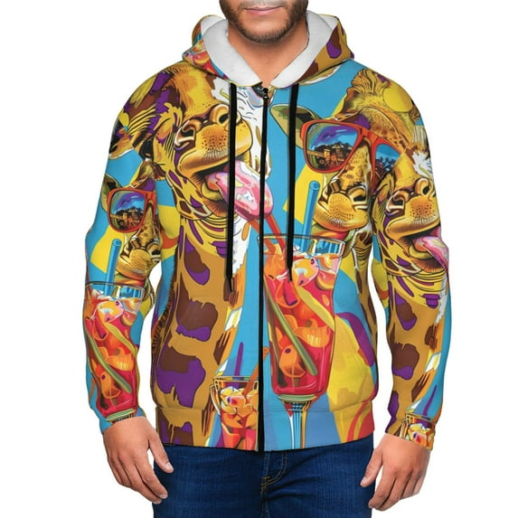 Kdxio Colorful Giraffes with Drinks Print Men Hoodies Casual Hoodies for Men with Zip Pockets Full Zip Long Sleeve Sweatshirt Sports Hooded Jacket-Small