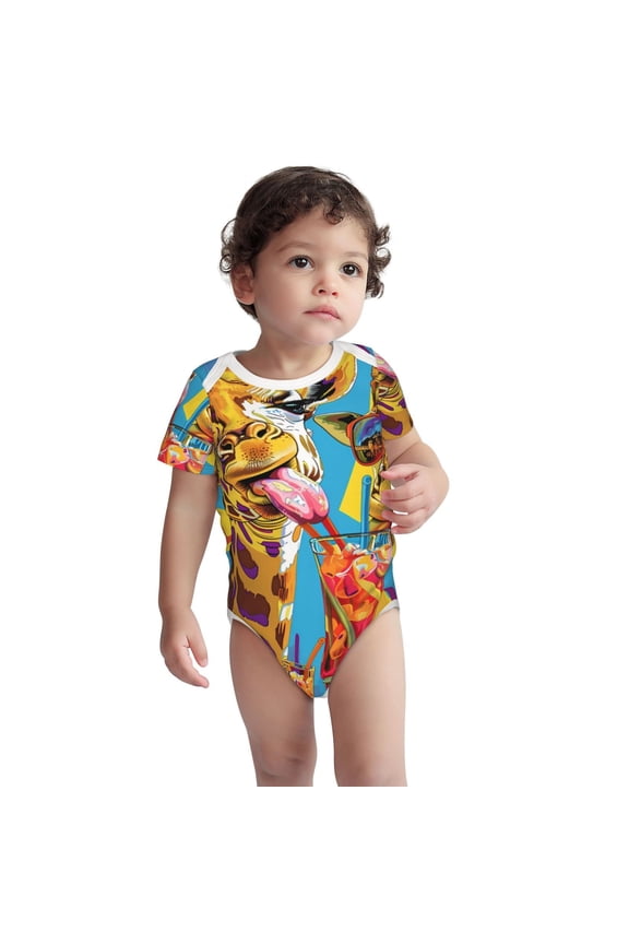 Colorful Giraffes with Drinks Pattern Unisex Baby Cotton Short Sleeve Bodysuits-3 Months