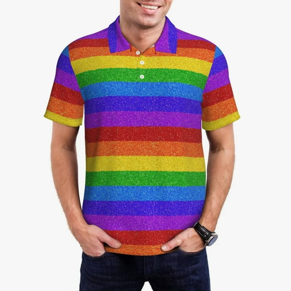 Kdxio Colorful Glitter Rainbow Print Men's Short Sleeve Polo Shirt,Midweight Men's Shirt