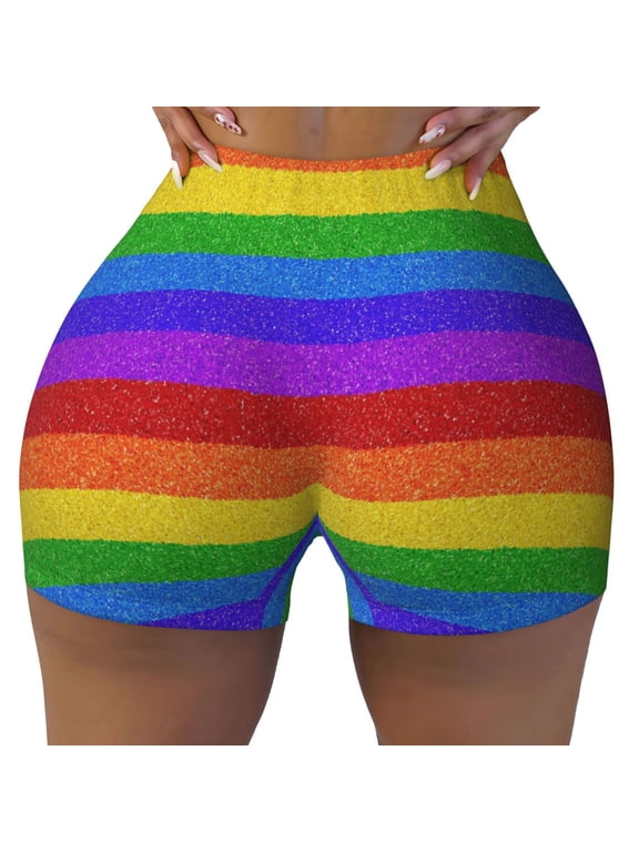 Colorful Glitter Rainbow Print Workout Shorts for Women Seamless Soft Smooth Gym Yoga Scrunch Active Shorts
