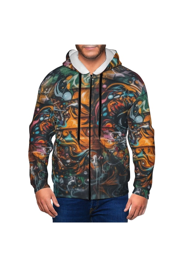 Colorful Graffiti Abstract Eye Print Men Hoodies Casual Hoodies for Men with Zip Pockets Full Zip Long Sleeve Sweatshirt Sports Hooded Jacket-XX-Large