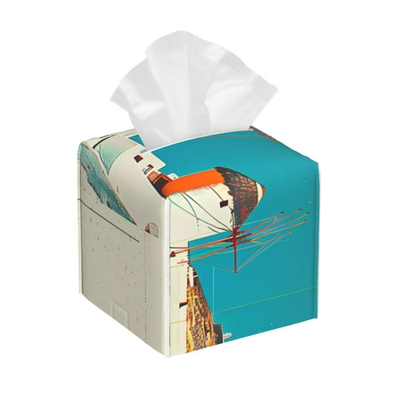 Kdxio Colorful Greek Windmills Print Tissue Box Cover,Square Decorative PU Leather Facial Paper Case Organizer Holder Dispenser for Bathroom,Night Stands,Desk,Car 5.2''X5.2''X5.2''