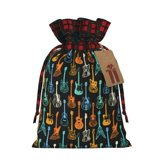 Kdxio Colorful Guitar Christmas Drawstring Bags Xmas Buffalo Plaid Candy Bags Linen Treat Bags Christmas Gift Bags for Presents-Black