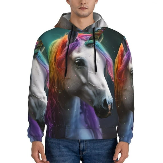 Kdxio Colorful Haired White Horse Print Mens Casual Hooded Collar Drawstring Hoodies Pullover Sweatshirts Casual Long Sleeve Shirts-Small