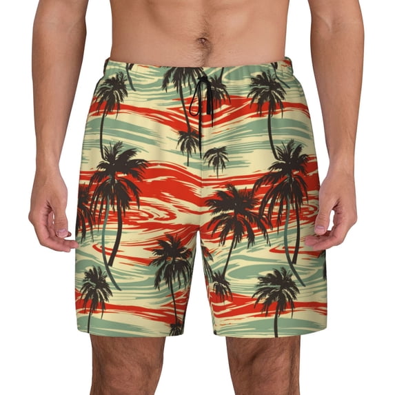 Kdxio Colorful Hawaii Palms Print Men's Swim Trunks with Compression Liner 7 Inch Inseam Quick Dry Swim Shorts