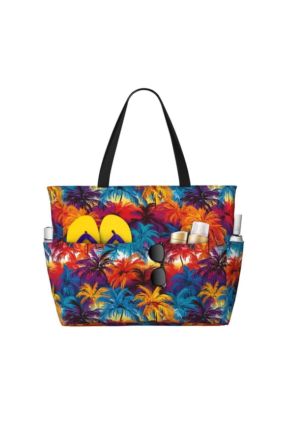 Colorful Hawaii Palms for Beach Bag for Women Large Beach Tote Bag Waterproof Sandproof Swim Bag with Zipper Pockets Beach Vacation Travel