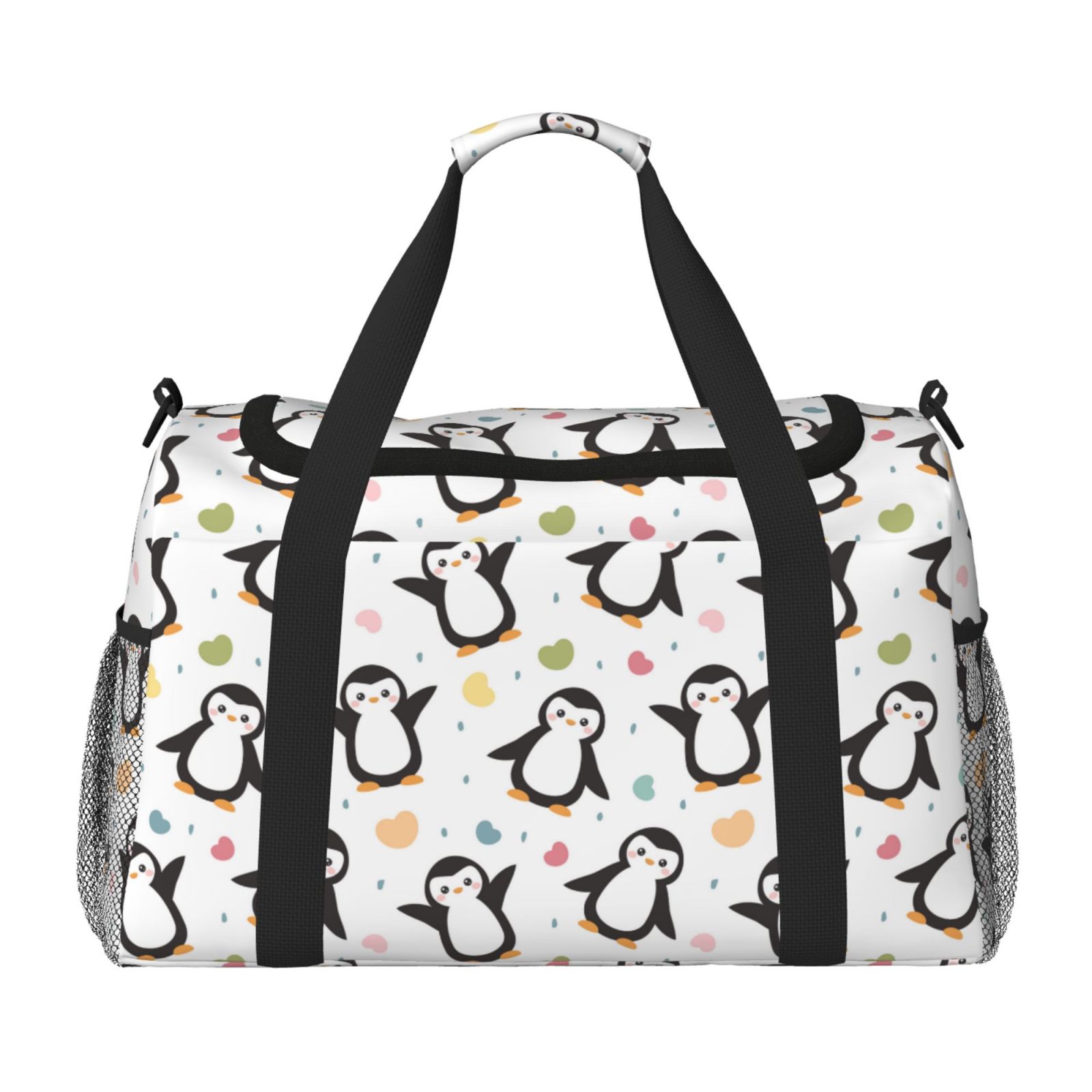 Kdxio Colorful Hearts Penguin Travel Duffel Bag Gym Bag Weekender Travel Bag Gym Bag for Women &Men Airplane Travel Essentials for Flying