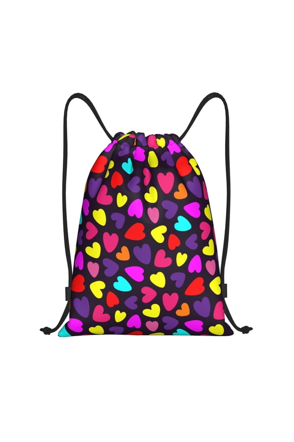 Colorful Hearts Print Drawstring Backpack Bag,Waterproof Draw String Back Sack, Gym Drawstring Bags Swim Bag For Unisex
