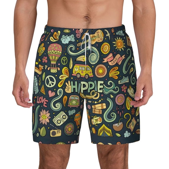 Kdxio Colorful Hippie Print Men'S Swim Trunks With Compression Liner 7 Inch Inseam Quick Dry Swim Shorts