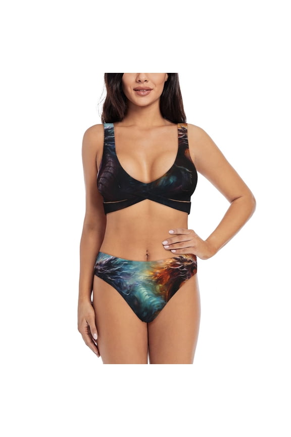 Colorful Ink Style Dragon Print Women's 2 Piece High Waisted Wrap Spaghetti Strap Summer Swimsuit Bikini Set-Large