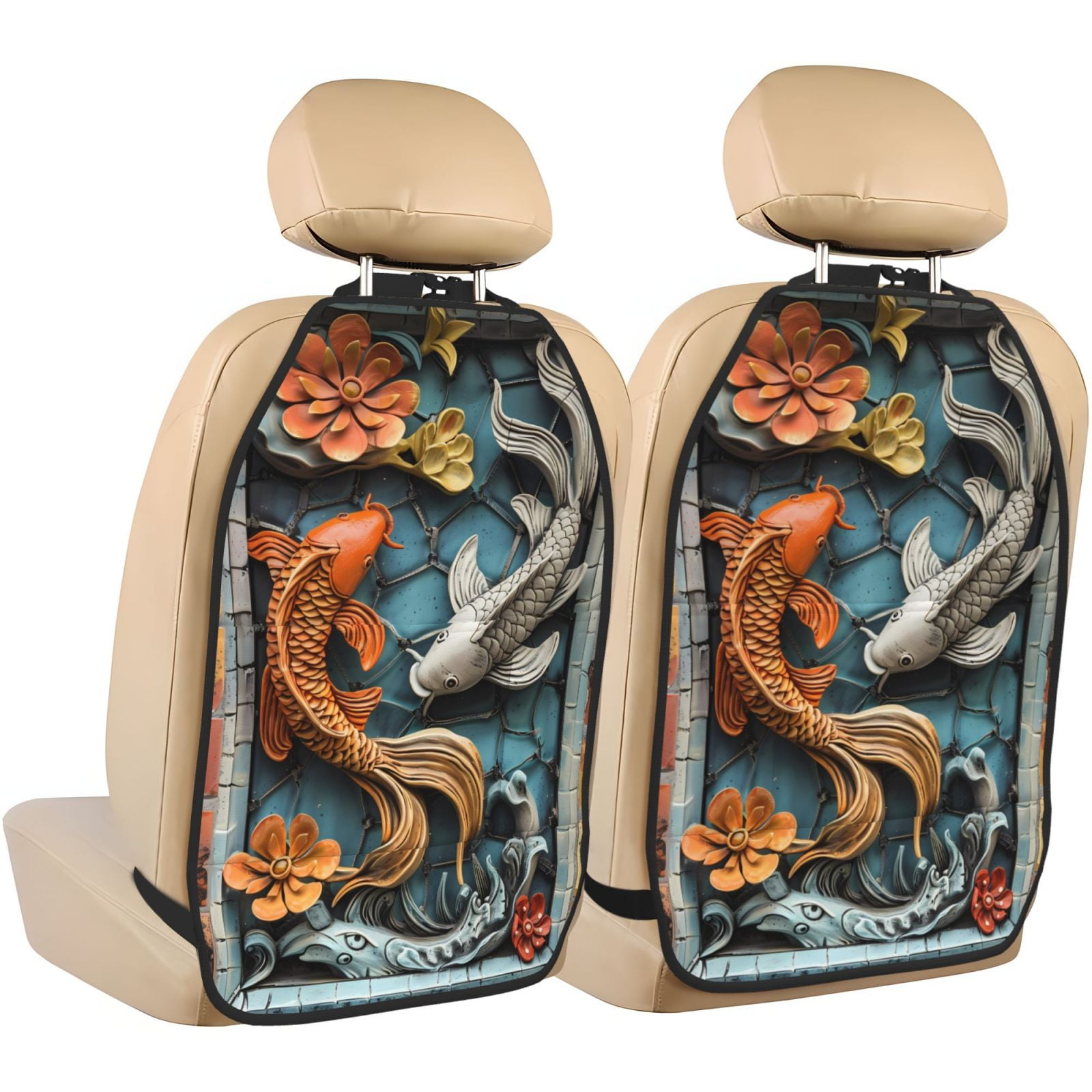 Kdxio Colorful Koi Fish Art Print 2 Pack Car Kick Mat Seat Cover Back Protector Mat with Pockets for Organizer Backseat Protector and Storage Anti Kick Pad for Vehicles