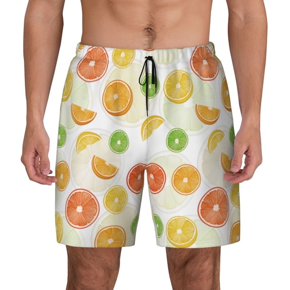 Kdxio Colorful Lemons Print Men's Swim Trunks with Compression Liner 7 Inch Inseam Quick Dry Swim Shorts
