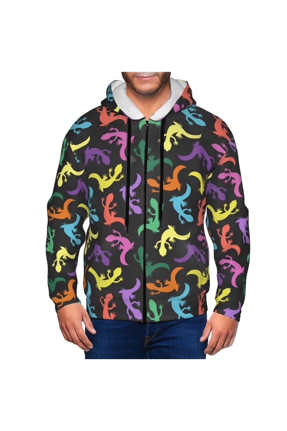 Colorful Lizards Print Men Hoodies Casual Hoodies for Men with Zip Pockets Full Zip Long Sleeve Sweatshirt Sports Hooded Jacket-Small