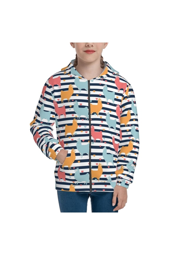 Colorful Llama Pattern Kids Boys Girls Zip Up Hoodie 3D Printed Hooded Sweatshirt Hoody Coat with Pocket 7-12 Y-Small