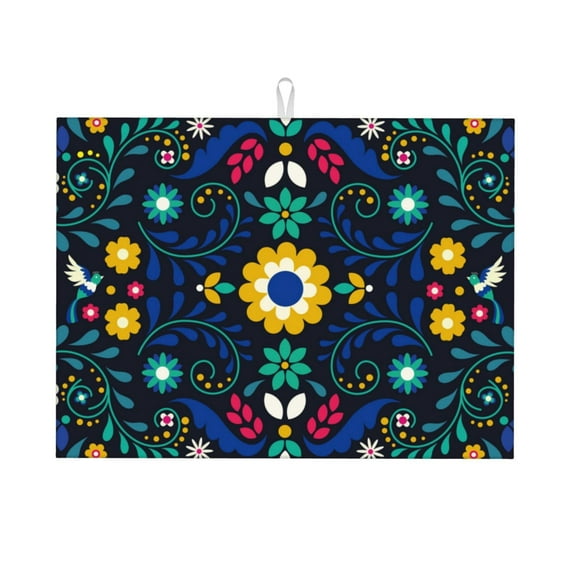 Kdxio Colorful Mexican Flower for Dish Drying Mat,24*18 inch Absorbent Dish Drainer Kitchen Counter,Large Size Dish Drying Pad for Countertops,Draining Racks