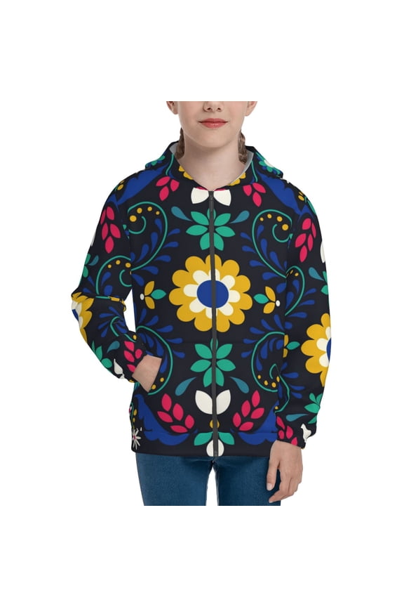 Colorful Mexican Flower Pattern Kids Boys Girls Zip Up Hoodie 3D Printed Hooded Sweatshirt Hoody Coat with Pocket 7-12 Y-Small