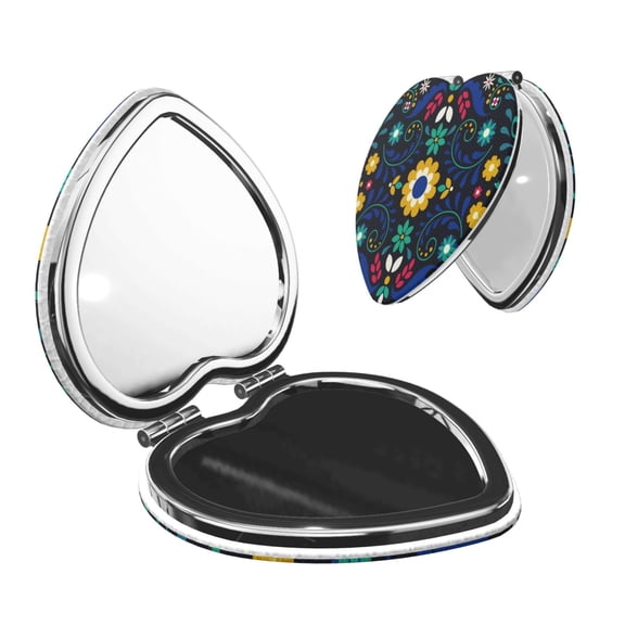 Kdxio Colorful Mexican Flower Pocket Mirror, 1X/2X Travel Makeup Mirror 2-Sided Folding Small Mirror Portable Double-Sided Magnifying Cosmetic Mirror for Gift-Heart Shape