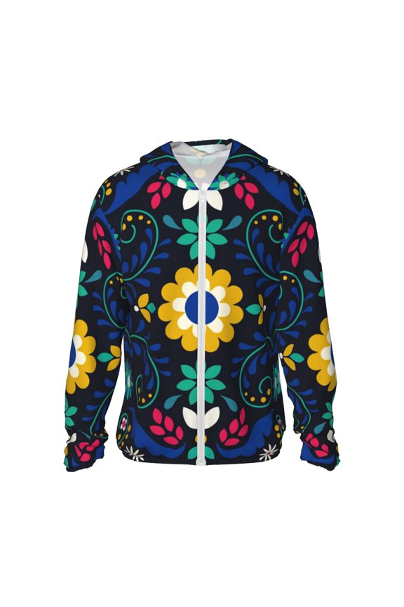Colorful Mexican Flower Print Women Men Sun Protection UPF 50+ Jackets Zip Up Long Sleeve Hoodie Hiking Lightweight with Pockets