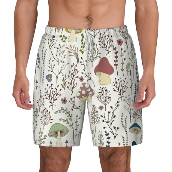 Kdxio Colorful Mushrooms And Plants Print Men'S Swim Trunks With Compression Liner 7 Inch Inseam Quick Dry Swim Shorts