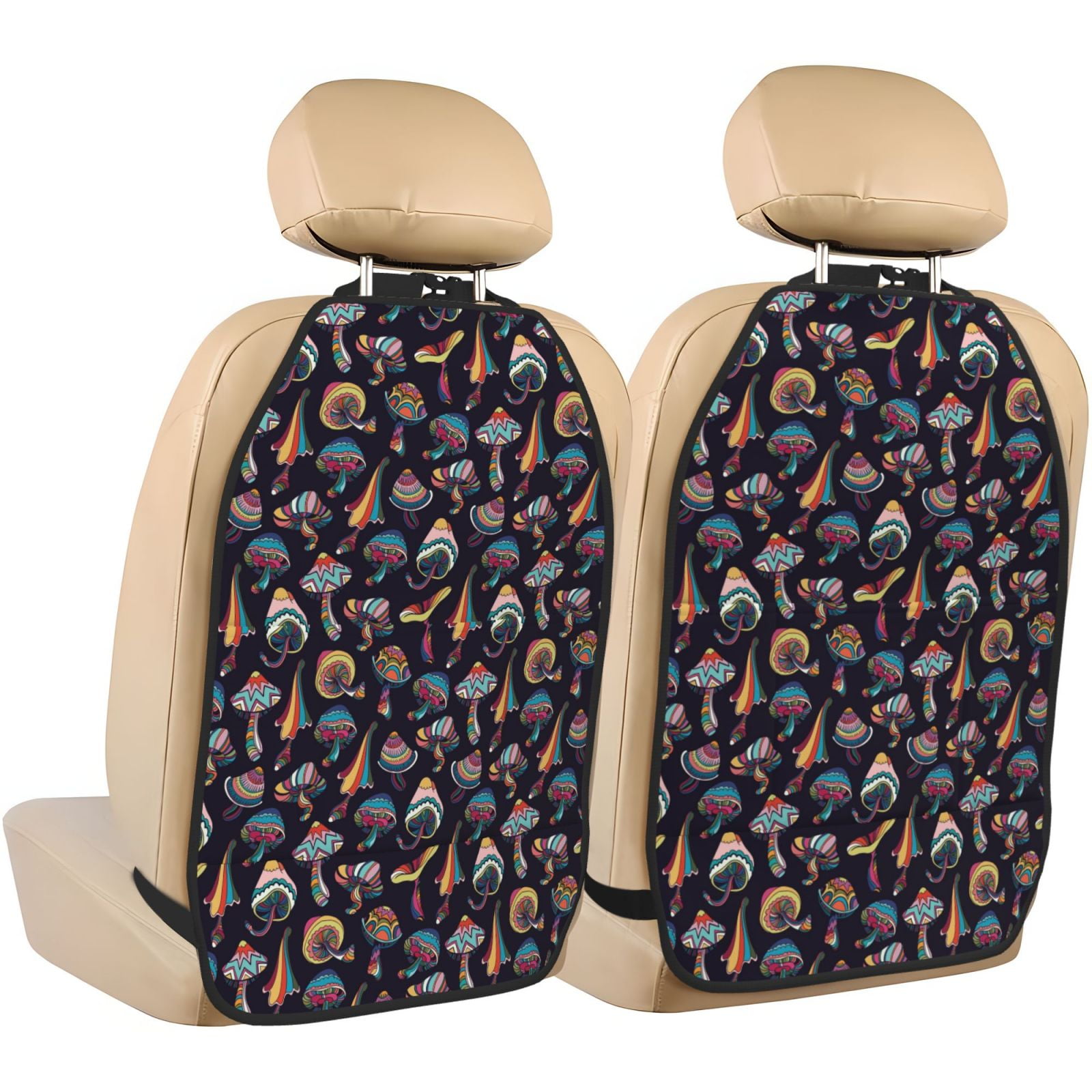 Kdxio Colorful Mushrooms in Doodle Style Print 2 Pack Car Kick Mat Seat Cover Back Protector Mat with Pockets for Organizer Backseat Protector and Storage Anti Kick Pad for Vehicles