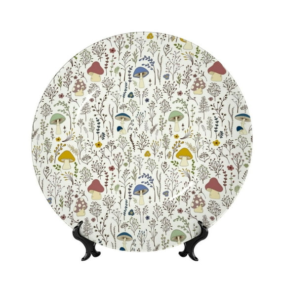 Kdxio Colorful Mushrooms and Plants Bone China Decorative Plate Ceramic Decorative Plate for Home Office Wall Stand Decorative Plates for Home Bedroom-7in