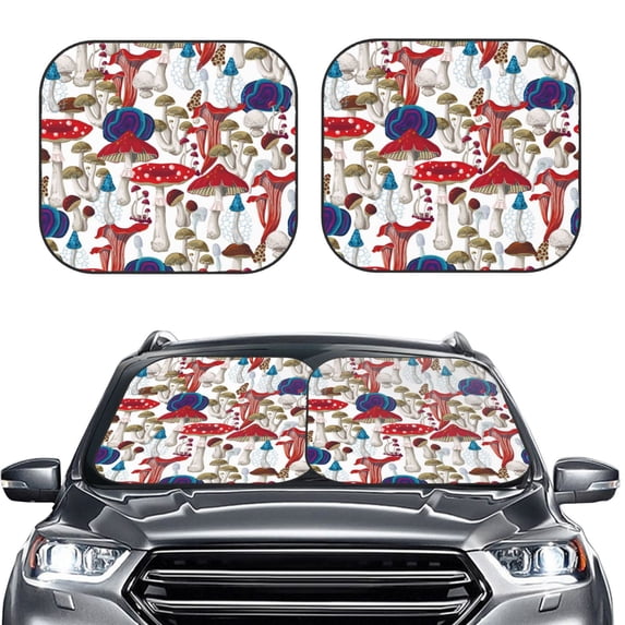 Kdxio Colorful Mushrooms Print 2-Piece Sun Shade Front Windshield - Foldable Car Front Window Sunshades For Most Sedans Suv Truck