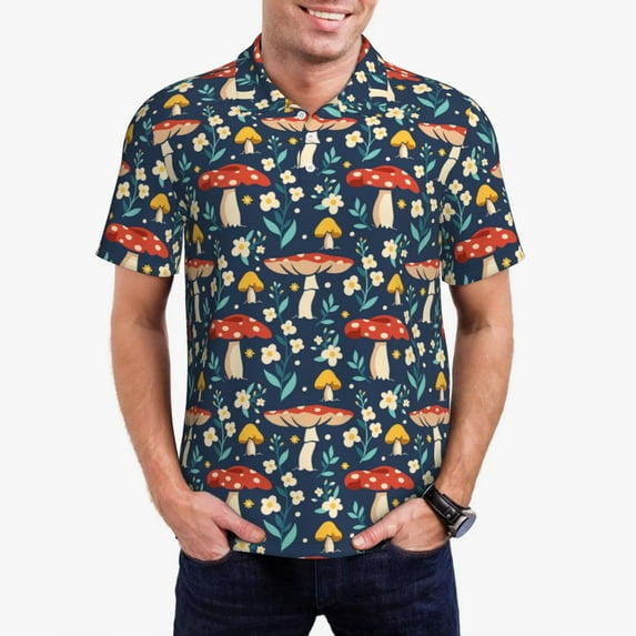 Kdxio Colorful Mushrooms Print Men's Short Sleeve Polo Shirt,Midweight Men's Shirt