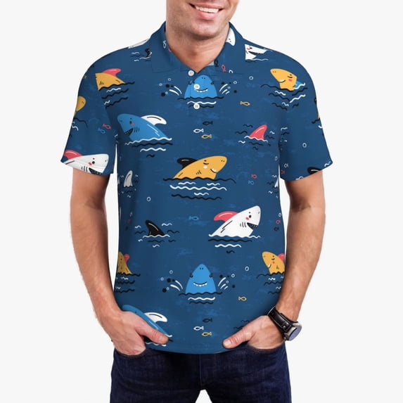 Kdxio Colorful Ocean Shark Print Men's Short Sleeve Polo Shirt,Midweight Men's Shirt