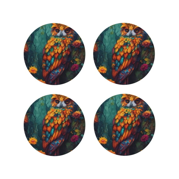 Kdxio Colorful Owl Forest Funny Coasters,4 Pcs Leather Coasters,Housewarming Gifts,Protect Furniture from Water Marks Scratch and Damage