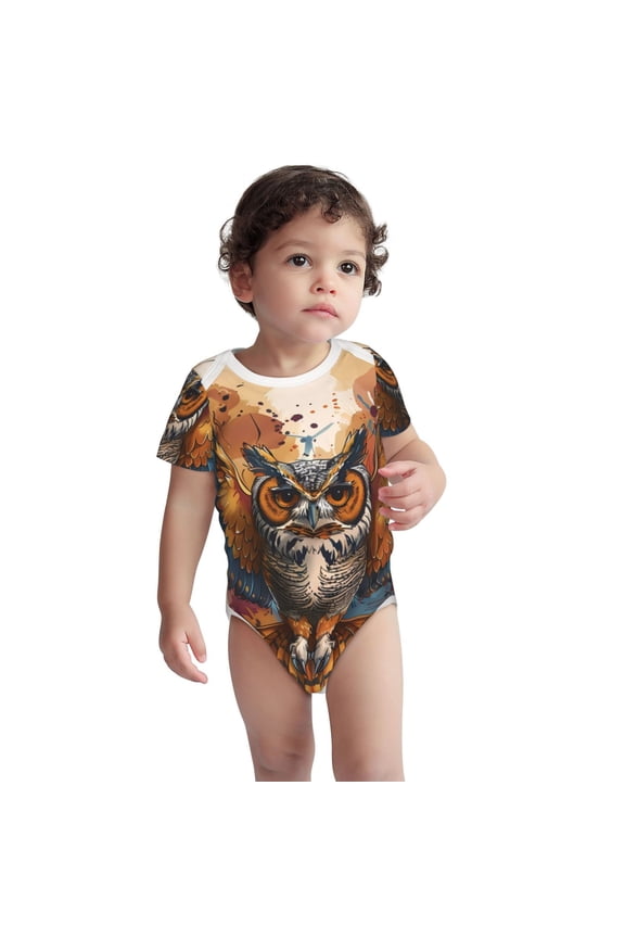 Colorful Owl Tattoo Art Pattern Unisex Baby Cotton Short Sleeve Bodysuits-3 Months