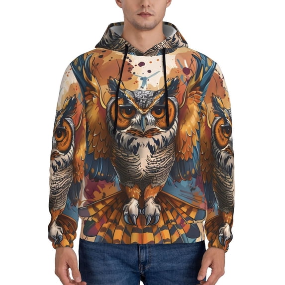 Kdxio Colorful Owl Tattoo Art Print Mens Casual Hooded Collar Drawstring Hoodies Pullover Sweatshirts Casual Long Sleeve Shirts-Large