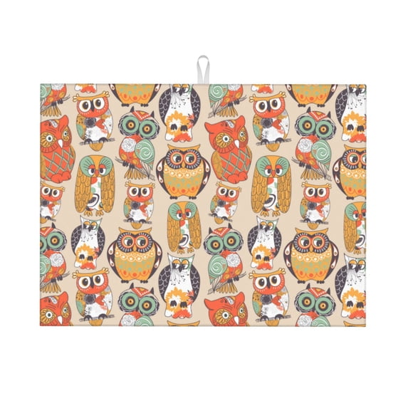 Kdxio Colorful Owls for Dish Drying Mat,24*18 inch Absorbent Dish Drainer Kitchen Counter,Large Size Dish Drying Pad for Countertops,Draining Racks