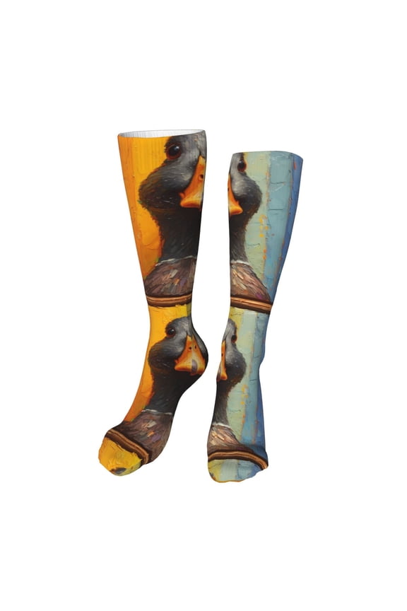 Colorful Painted Duck Funny Silky Novelty Funky Long Knee High Socks Soft 3D Print Cosplay Crazy Stockings for Men Women