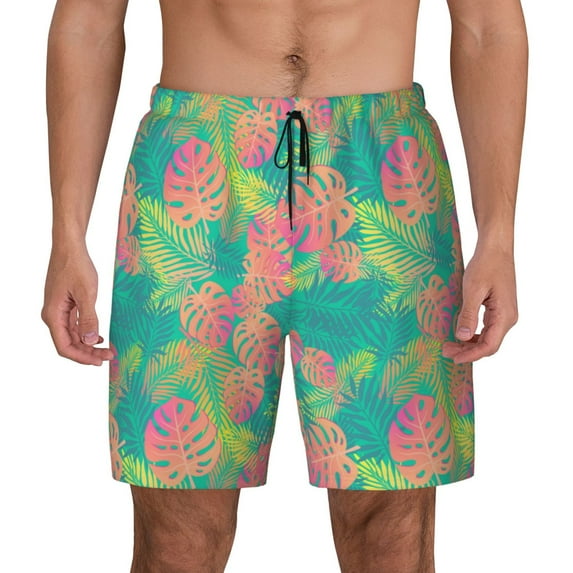 Kdxio Colorful Palm Leaves Print Men'S Swim Trunks With Compression Liner 7 Inch Inseam Quick Dry Swim Shorts