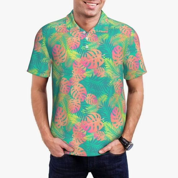 Kdxio Colorful Palm Leaves Print Men's Short Sleeve Polo Shirt,Midweight Men's Shirt