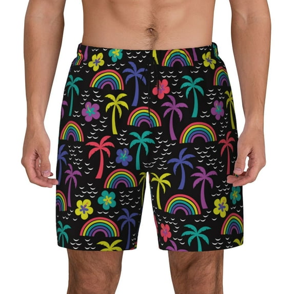 Kdxio Colorful Palms Print Men's Swim Trunks with Compression Liner 7 Inch Inseam Quick Dry Swim Shorts