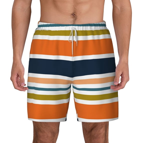 Kdxio Colorful Pastel Stripes Print Men'S Swim Trunks With Compression Liner 7 Inch Inseam Quick Dry Swim Shorts