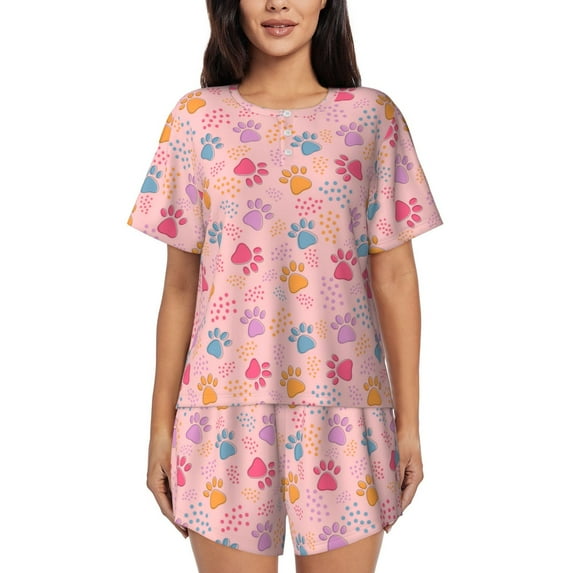 Kdxio Colorful Pets Paws Print Pajamas Sets for Women Short-Sleeved Pjs with Lounge Shorts Two Piece Sleepwear S-4XL