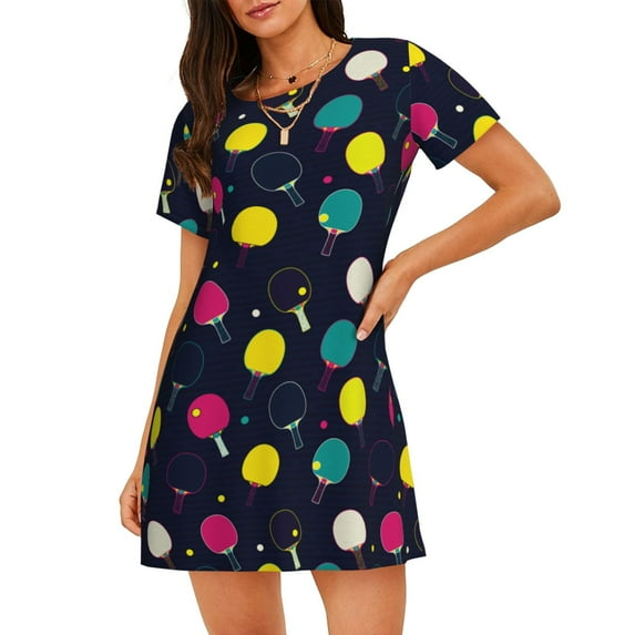 Kdxio Colorful Ping Pong Rackets Pattern Womens Short Sleeve Sleepshirt Scoopneck Cute Nightdress Ruffle Comfy Nightgown