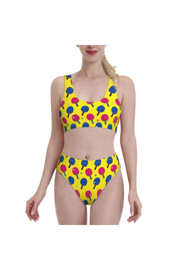 Colorful Ping Pong for Womens High Waisted Bikini Top Sports Style Two Piece Bathing Suits