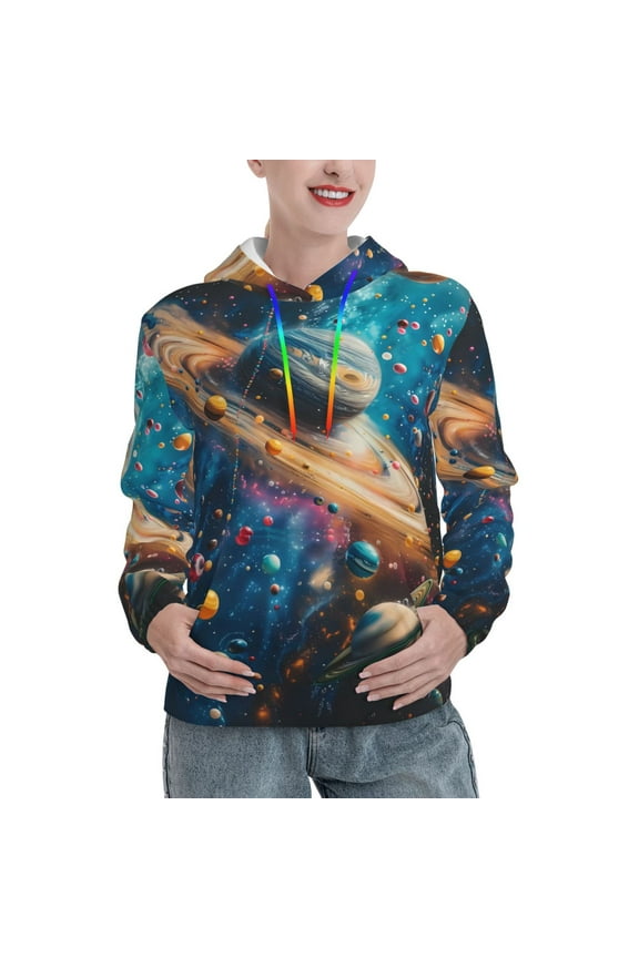 Colorful Planet Universe Print Womens Oversized Hoodies Sweatshirts Hooded Pullover Tops Sweaters Casual-Large