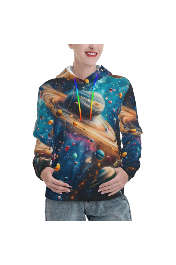 Colorful Planet Universe Print Womens Oversized Hoodies Sweatshirts Hooded Pullover Tops Sweaters Casual-X-Large